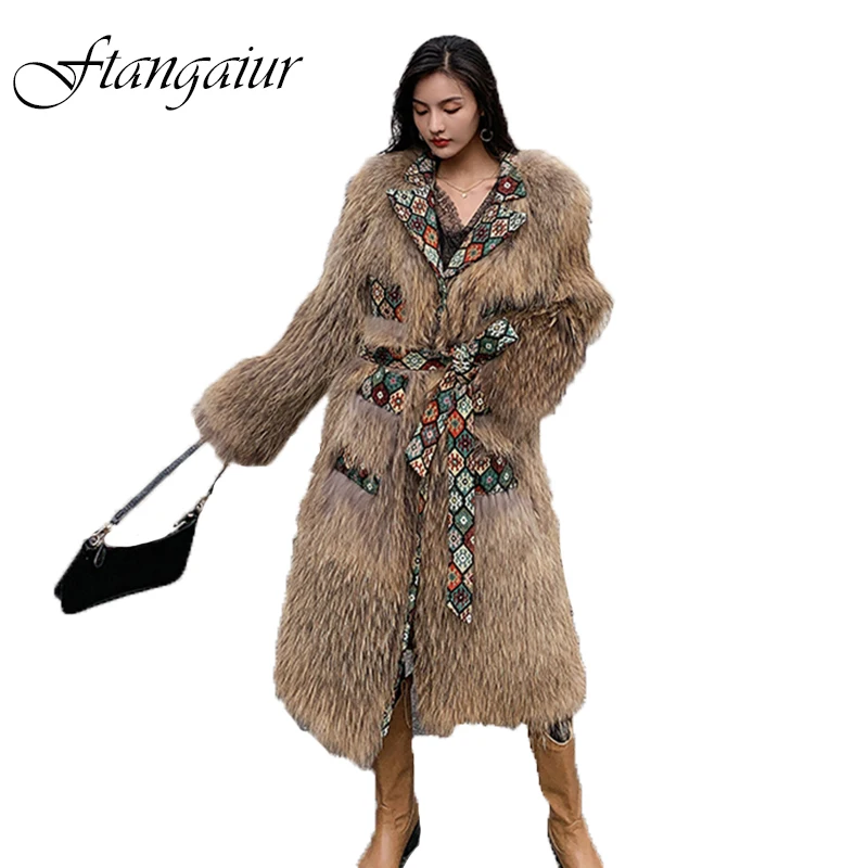 

Ftangaiur Winter Import Raccoon Fur Coat Weave Thick Female Coats Women X-Long Natural Losse Raccoon Fur Coats