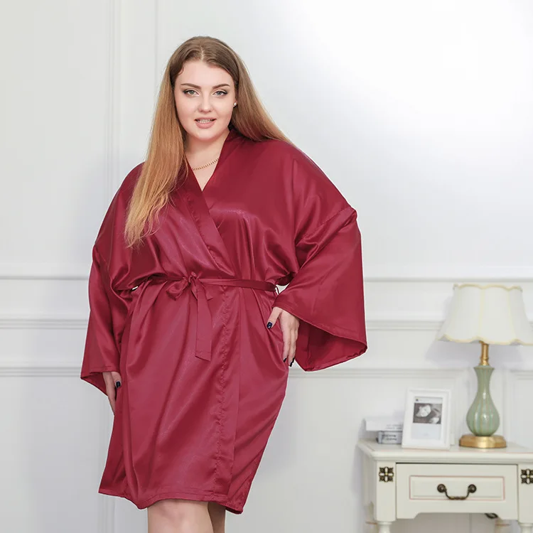 Plus Size 3XL 4XL Robe Kimono Gown Women Silk Satin Sleewpear Nightgown Solid Color Bathrobe Lady Nightwear Loose Home Dressing