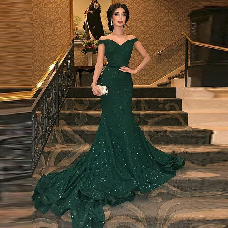 Eleganti abiti da sera a sirena verde smeraldo 2021 Sparkle paillettes increspature abiti da cerimonia lunghi Prom Abiye Robe De Soiree