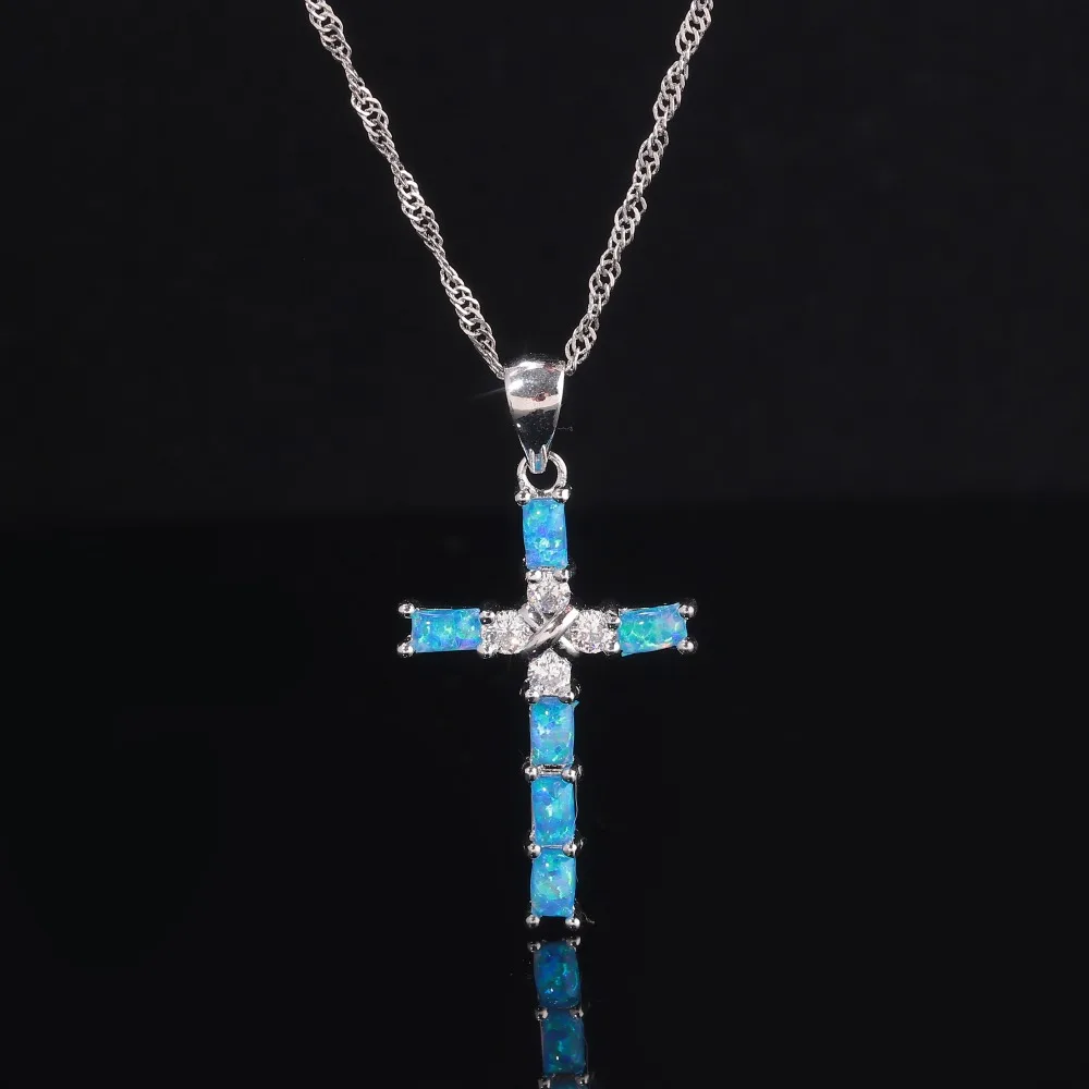 CiNily Opal Necklace Pendant Cross Christian Silver Plated Fashion Jewelry with Zircon Inlay for Woman Anniversary Gift