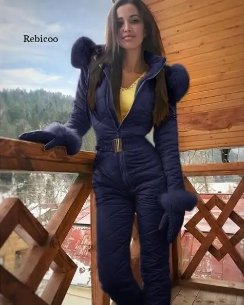 Uma peça terno de esqui das mulheres jaquetas de inverno com capuz parka macacão feminino bodysuit faixas macacões com zíper macacão de treino