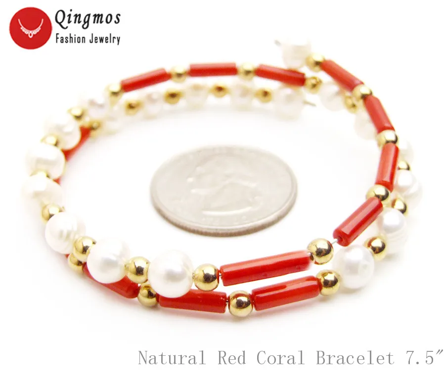 

Qingmos Fashion 3*9mm Thick Slice Natural Red Coral Bracelet for Women with 6mm White Pearl Bracelet 15" Steel Wire Wrap Jewelry