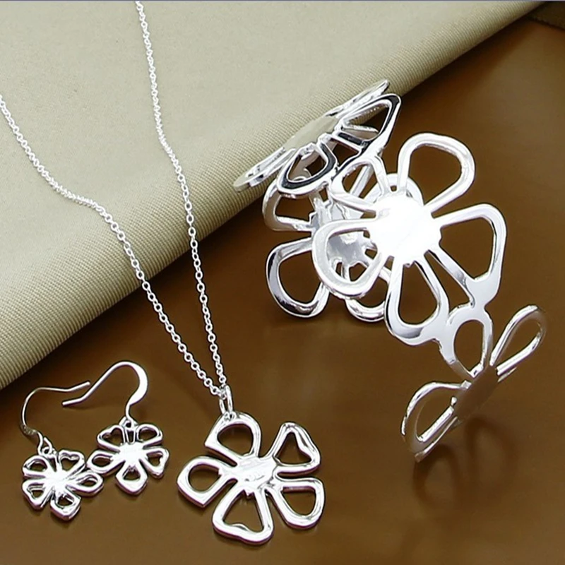 New Style 925 Sterling Silver Chain Necklace Five Leaf Flower Bracelet Earring Set For Women'S Wedding Engagement Jewelry Charm