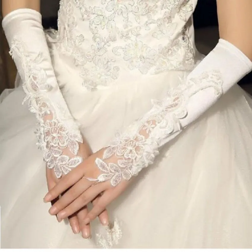 Appliques Beading Wedding Glove Gants Mariage Woman Lace White Fingerless New Bride Gloves