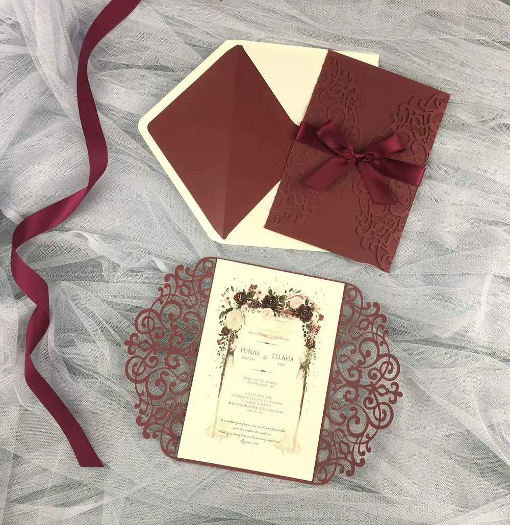 1pcs burgundy Invitation Cards Laser Cut tri fold Wedding Pocket Invite envelope RSVP birthday party Ribbon Belt Free Shipping