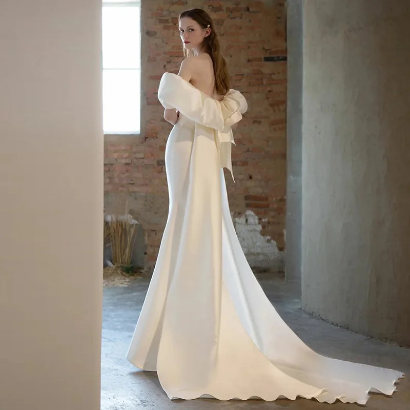 White Satin Mermaid Wedding Dresses Ruffles Off The Shoulder Long Women Bridal Gown Classic Backless Trailing Banquet Dress