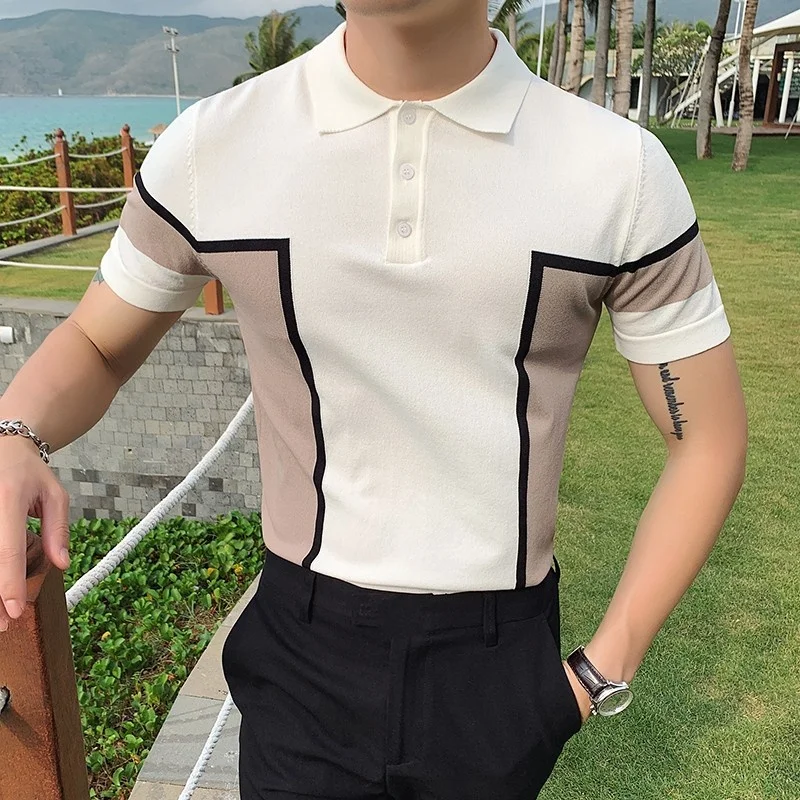 Summer 2022 New Mens Korean Style Turn-Down Collar Vintage Pullover Slim Mixed Colors Fashion Short Sleeve Casual T-Shirts