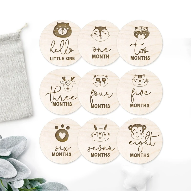 13PCS Animals baby milestone cards Wooden Birth Plaque Milestone Month Cards Discs