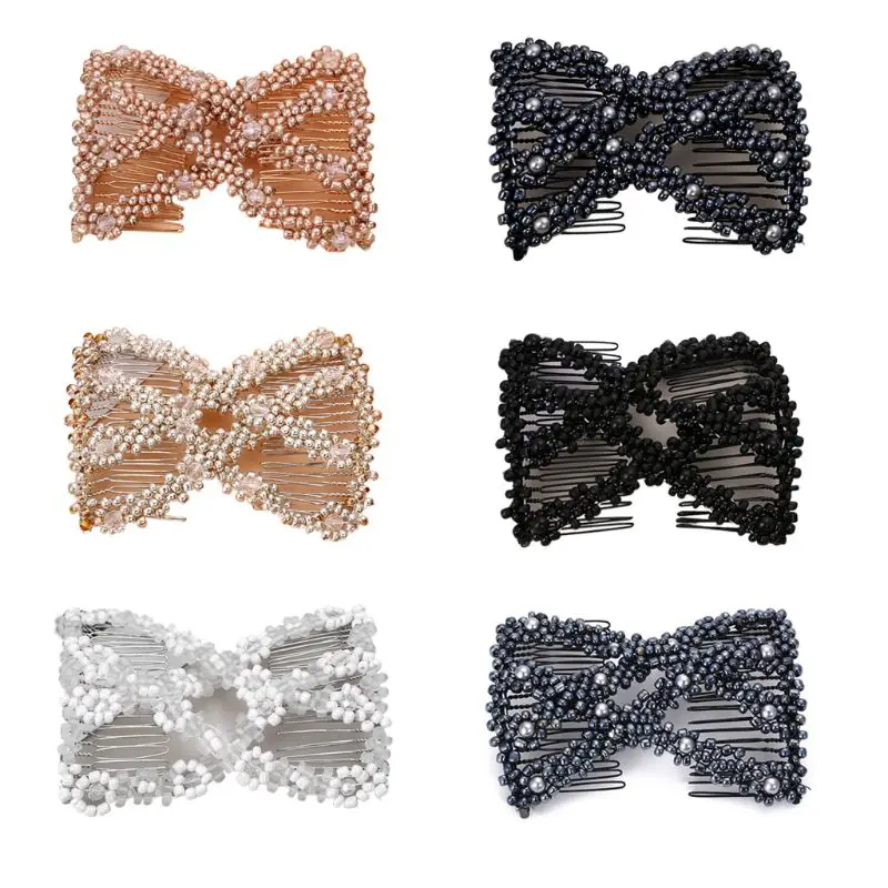 Women Twist Rhombus Beaded Hair Side Combs Stretchable Double Clips Bun Maker F3MD