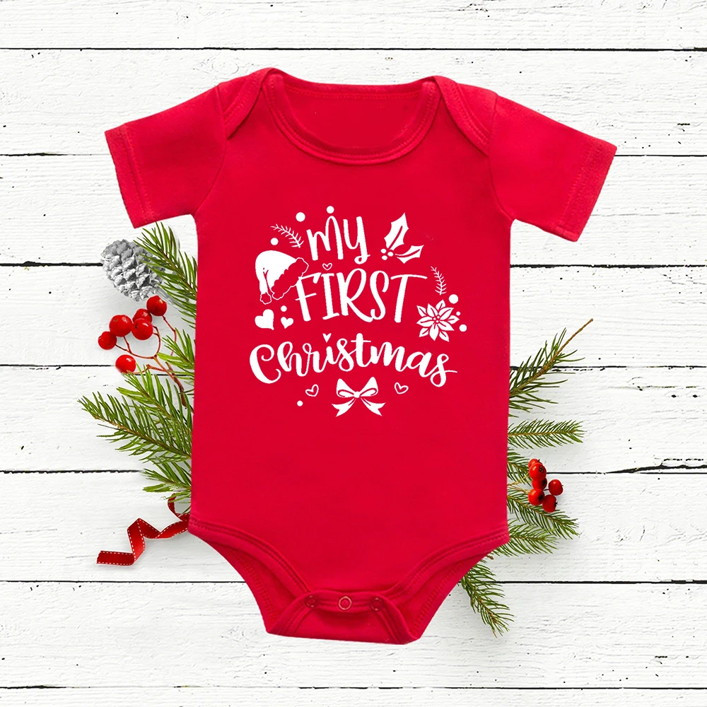 My 1st Christmas Deer Tree Print Baby Red Romper Cotton Short Sleeve Newborn Boys Girls Infant Bodysuits Xmas Clothes Party Gift