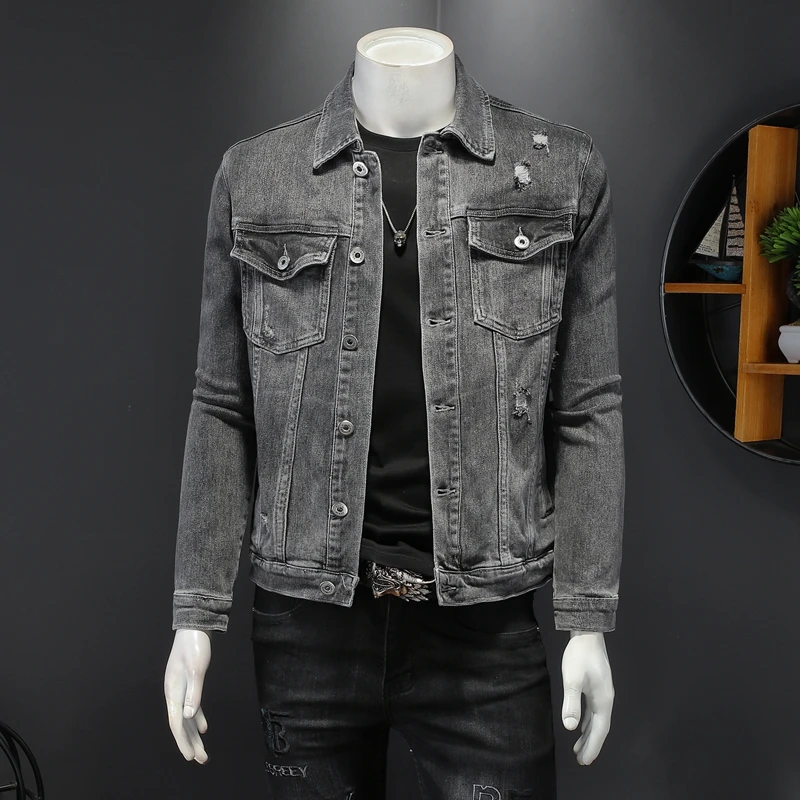 2021 New Spring Autumn Men Gray Denim Jackets Fashion Slim Fits Casual Jean Denim Jacket Ripped Hold Mens Clothing Size M-4XL