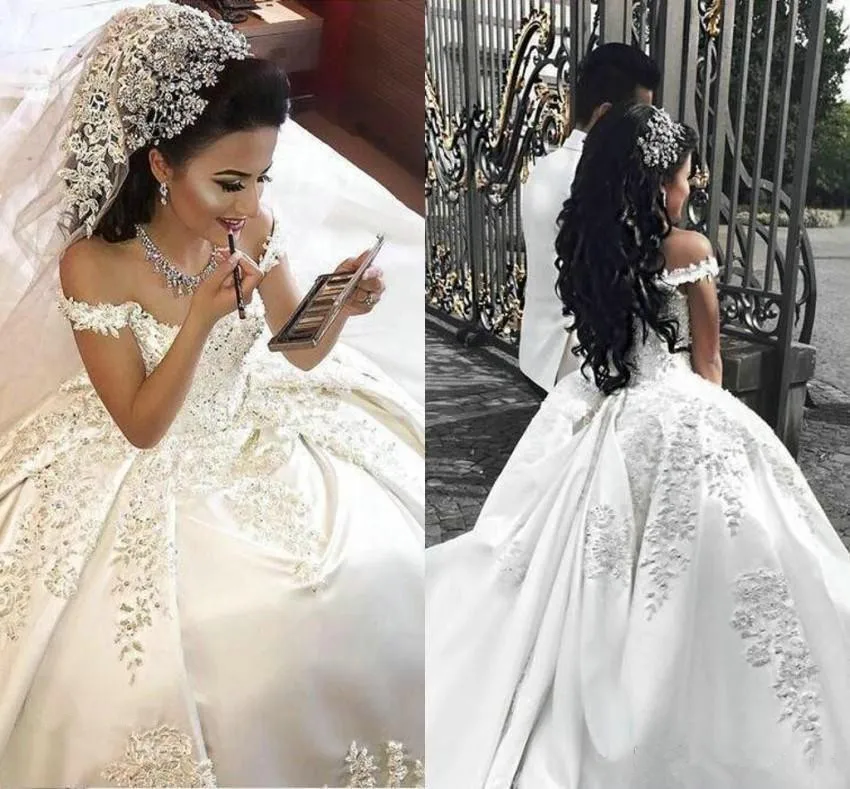 2025 luxo árabe vestidos de casamento cetim fora do ombro renda apliques cristal frisado plus size vestidos de noiva personalizados