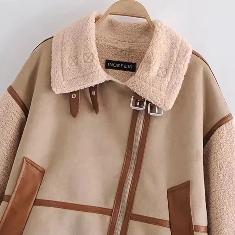 XEASY ผู้หญิงฤดูหนาวใหม่ Warm Faux Fur Splicing Zipper เสื้อกันหนาวหญิงแฟชั่นเรียบง่าย Streetwear แขนยาว Lapel Coat