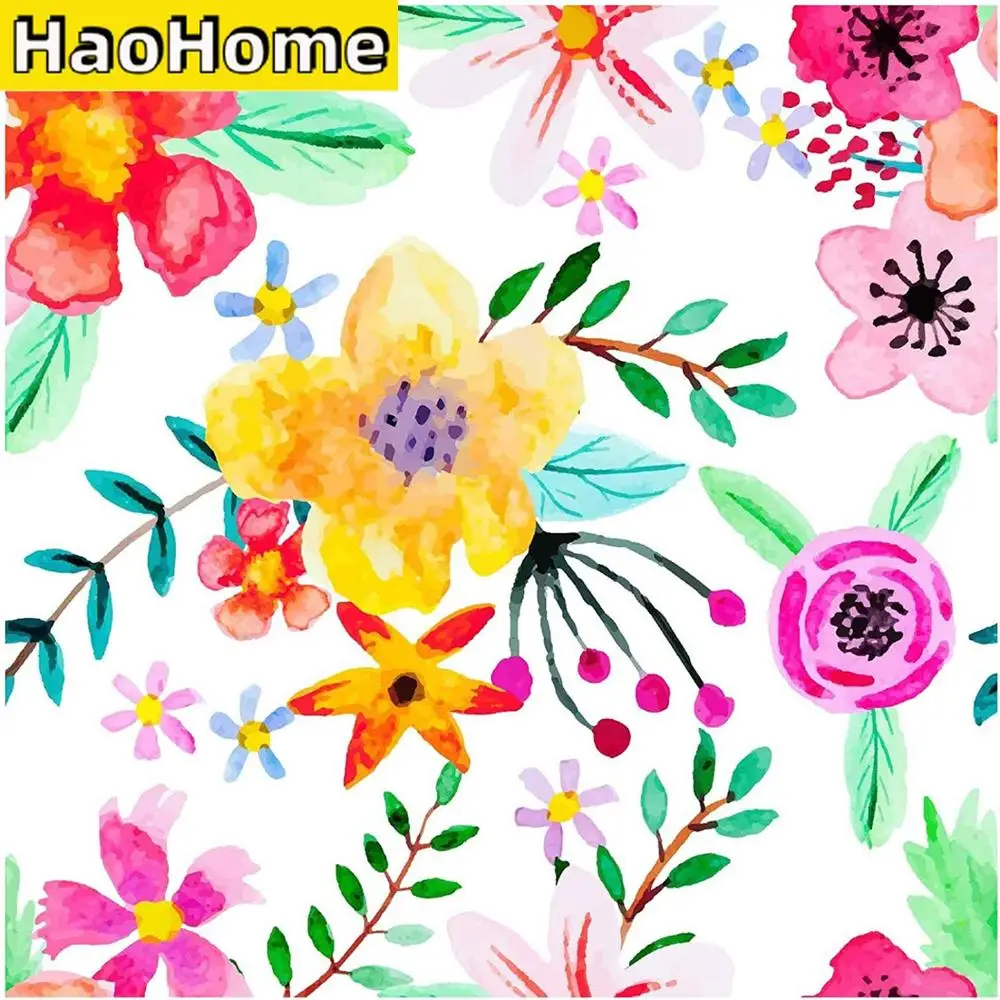 HaoHome Peel and Stick Handpainting Seamless Watercolor Red/Yellow/Purple Flower Green Leaves Self-Adhesive Contact Paper