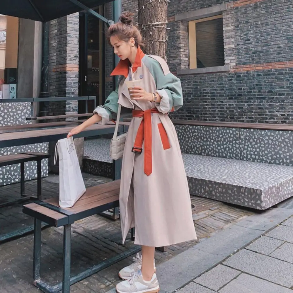 Elegant Long Trench Coat Women Spring Fall Thin Overcoat Female Korean Loose Color Matching Windbreaker With Belt Y568