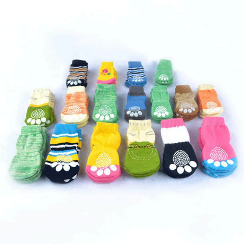 4pcs/Set New Puppy Dog Knit Socks Small Dogs Cotton Anti-Slip Cat Shoes Indoor Wear Slip On Paw Protector Random Color Wholesale