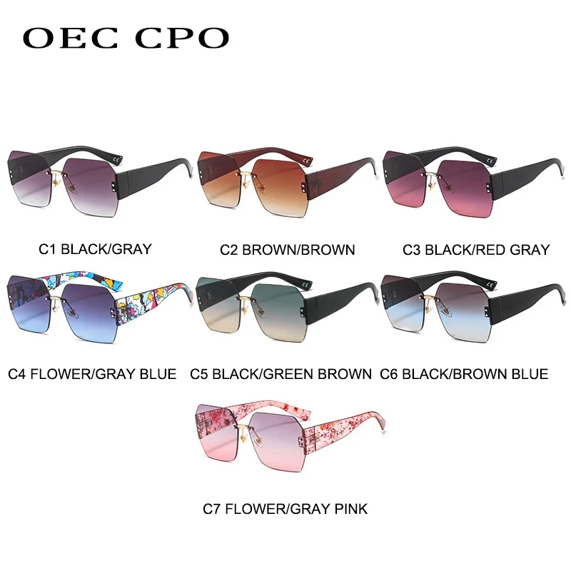 OEC CPO Fashion Rimless Sunglasses Women Square Goggle Glasses Female Brand Trend Flower Legs Shades Uv400 Vintage Eyeglasses