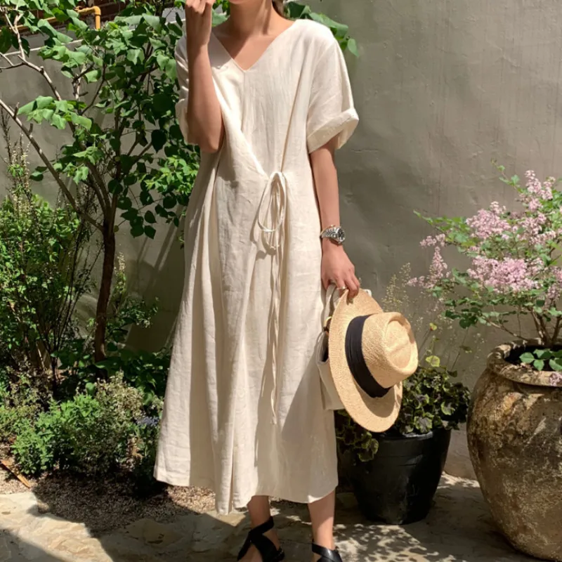 2020 Women Summer Beige Cotton and Linen V Neck Lacing Up Long Loose Dress Straight Cozy Casual Midi Sundress