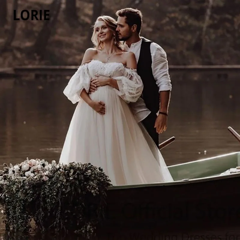 LORIE Strand Hochzeit Kleider für Schwangere Frauen Weg Von der Schulter A-Line Lange Puff Ärmeln Hochzeit Brautkleid suknia slubna