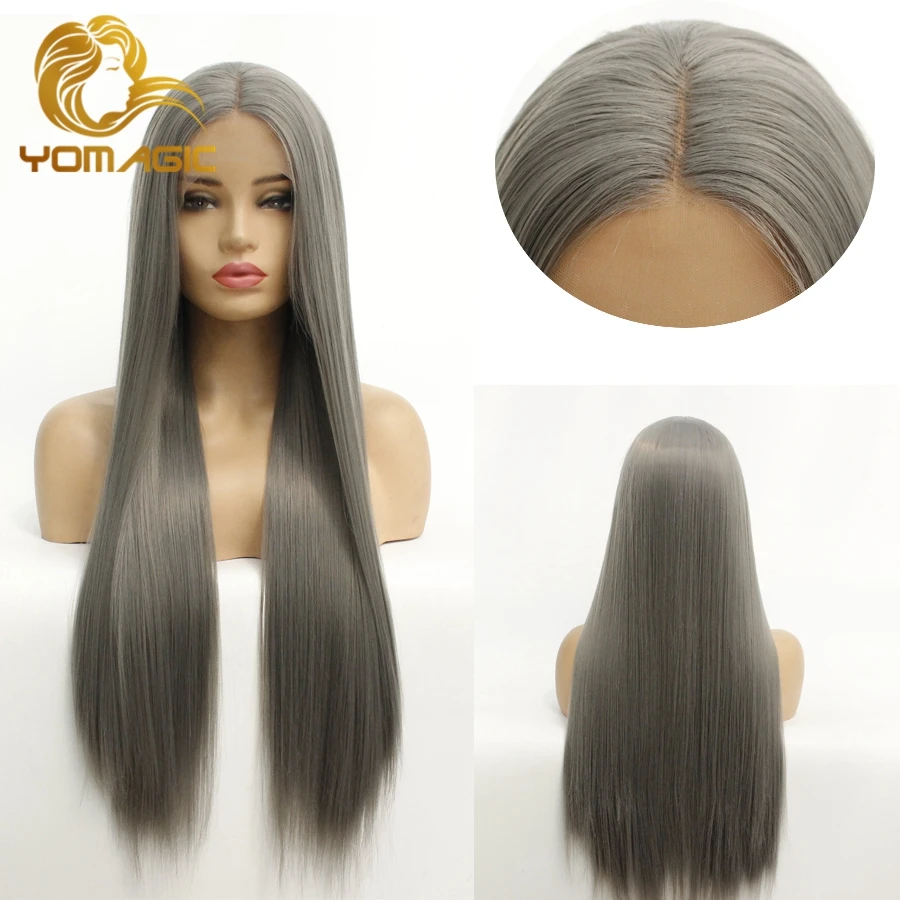 Yomagic Long Straight Synthetic Hair Lace Front Wigs for Women Natural Hairline Gray Color Synthetic Glueless Lace Wigs