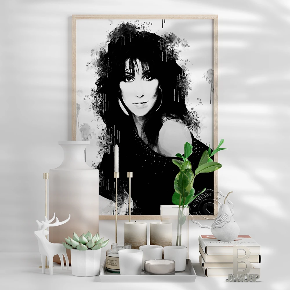 American Singer Cher Poster, Black White Cher Fans Collect Art Prints, Vintage Art Elegance Woman Portrait Painting Home Decor