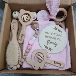 Baby Gift Box 8pcs with Personalized Name, Natural Wood Teether Rattle Set, Custom Baby Toy, Baby Name Announcement Baby Brush