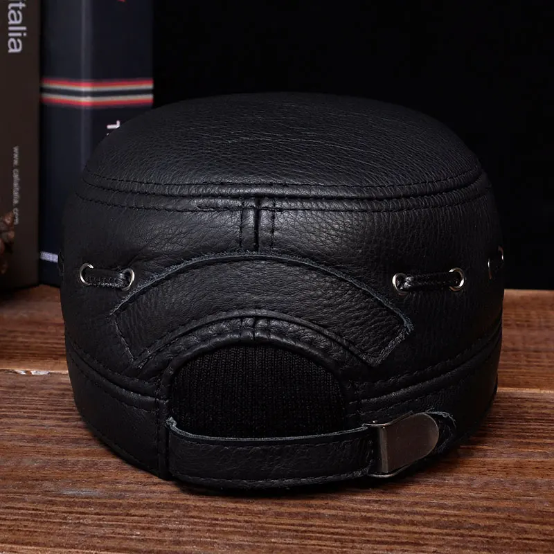 HL081 Brand New Winter Warm Real Cow Leather Caps Men\'s Genuine Leather Baseball Hat