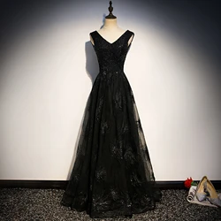 Evening Dresses Black New Beading Lace V-neck Sleeveless Plus size Customized A-line Floor-length Women Formal Dress 2020 R1323