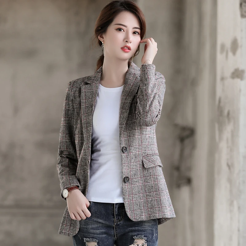 Autumn spring slim women blazer Fad casual suit jacket plaid print single breasted notched Korean style outwear chaquetas mujer