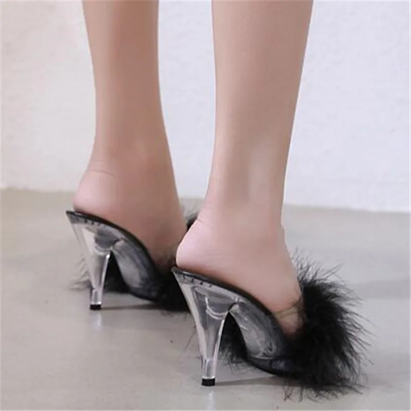 Plus Size 34-44 45 Woman Sexy Slippers Female 7/10CM Feather Party High Heels Shoes Women Summer Fur Transparent Slippers Ladies