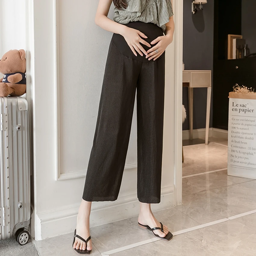 

Pregnant women's eight-point pants summer thin wide-leg pants zou stripe stomach lift pants pregnant women casual loose pants