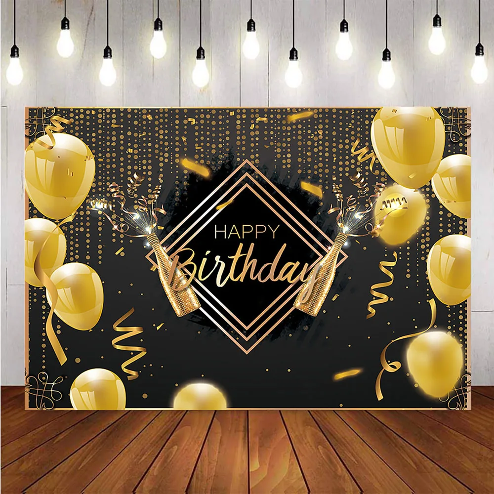 

Happy Birthday Balloons Champagne Graduation Party Backdrop for Photography Gold Decoration Supplies for Photographic Photo Prop