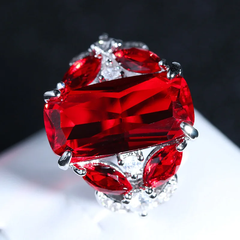 Luxury 6 ct Big Red square Cut Shining AAA Zircon Ring large CZ stones Ring for Women 925 Silver Jewelry Rings Valentines Day