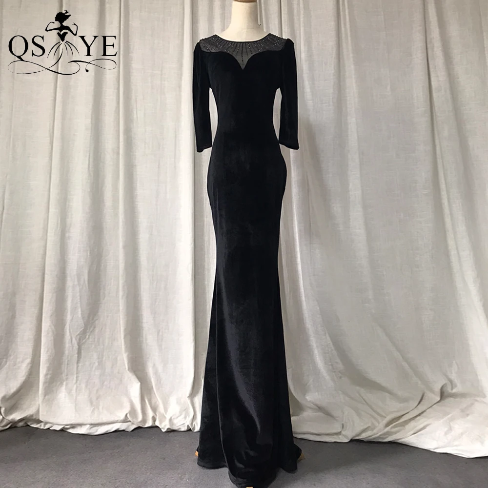 Black Velvet Evening Dress Mermaid Sequin Neck Evening Gown Elegant Long Sleeves Party Dress Hot Drill Fit Black Formal Gown