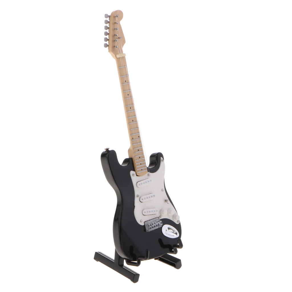 17cm Simulation Mini Electric Guitar with Holder Model Black Music Room Items Decor Dollhouse Miniature Guitar Toy