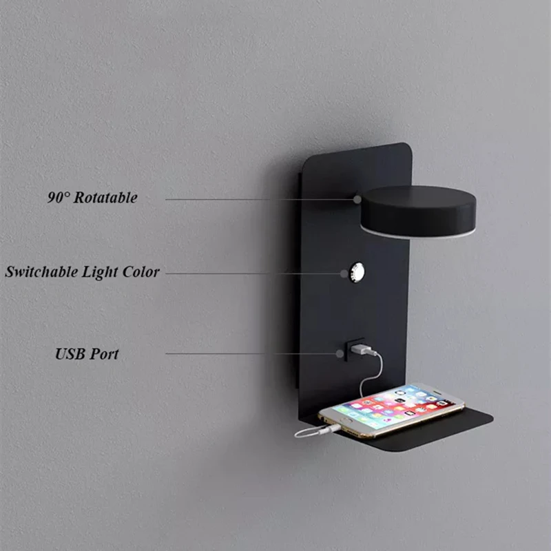 New LED Wall Lights With USB Charge Port And Switch Nordic Modern Bedroom Bedside Parlor Study Reading Rotatable Light Fixture