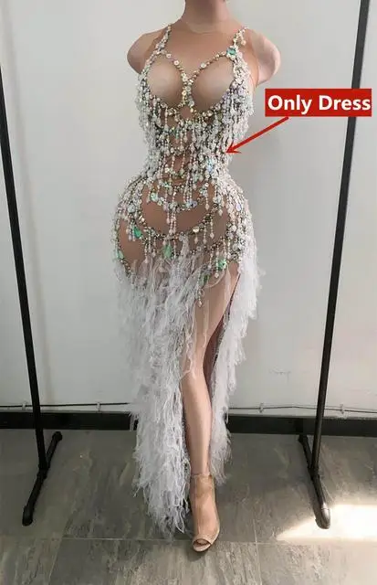 Stage Show Nude Tassel Crystal Bodycon Dress Sexy Women Party Club Dress Singer Rhinestone Dress Stage Outfits