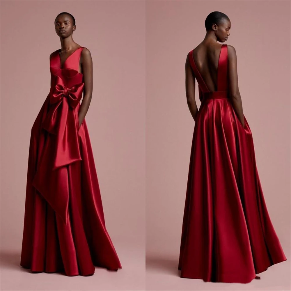 

Prom Party Gown Backless Custom V-Neck Sleeveless NONE Train Evening Dress Bow Formal Dresses Satin Floor-Length Ball Gown