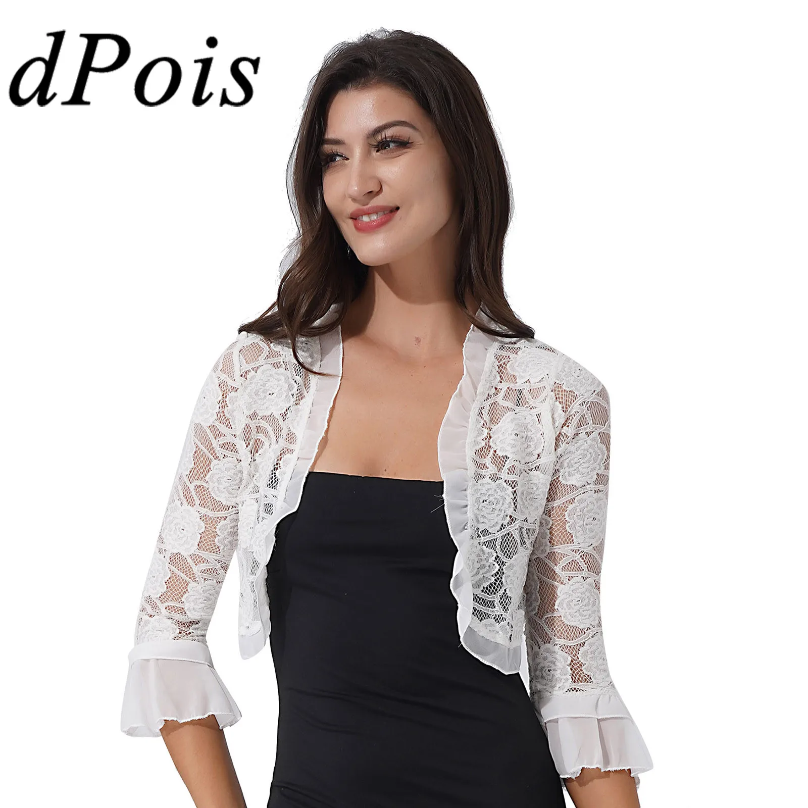 Elegant Women\'s Shawls Cardigan Bolero Half Sleeve Ruffle Open Front Floral Lace Shrug Shawl Capes for Wedding Evening Wraps