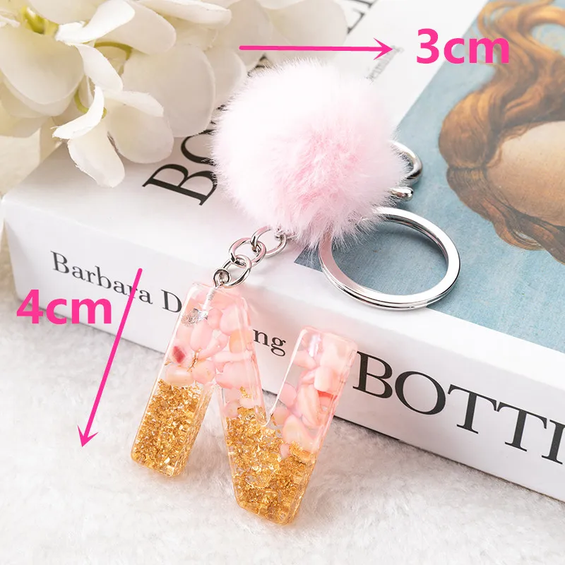 1Pc Pink Pompom Letter Keychain English Alphabet Keyring with Puffer Ball Glitter Gradient Resin Car Mirror Handbag Charms view 5