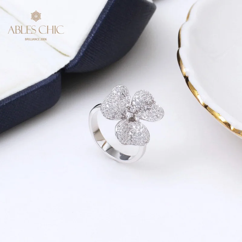 Ables Chic Solid 925 Silver Rose Petals CZ Flower Cocktail Rings Paved Cubic Zirconia Stones Wedding Ring 5303