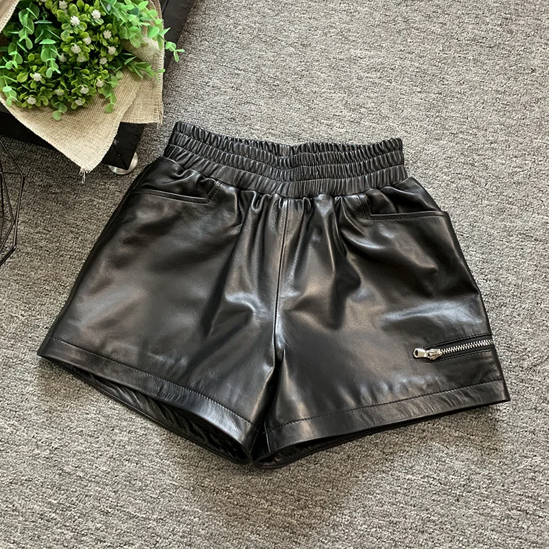 

Women Autumn Elastic Waist Real Leather Shorts Leisure High Waist Wrap Wide Leg Shorts Vintage Loose A-Line Shorts Female