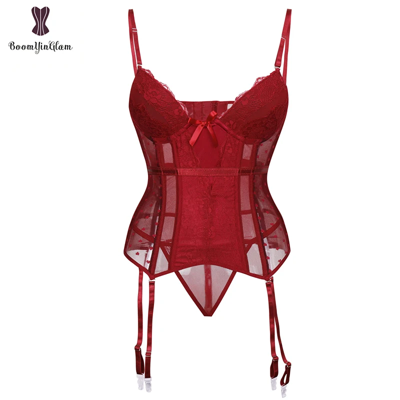 Removable Straps Lingerie Women\'s Amour Accent Lightly Padded Underwired Basque Corset Bustier With Suspenders