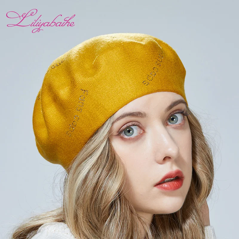 Liliyabaihe New Women's Winter Hat Wool Knitted Berets Sequined Hats FANSCAPS Crystal Diamond Trademark 10 colors