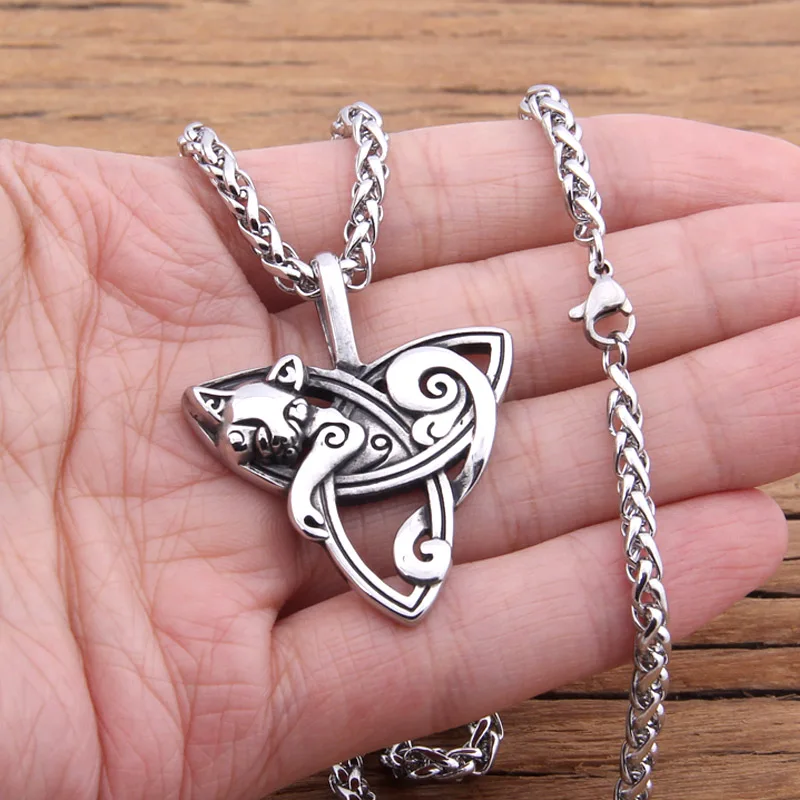 Hot New Style Viking Jewelry fox/cat Necklaces &Pendants Triquetra Silver plated Metal Chain Gift For Women And Men