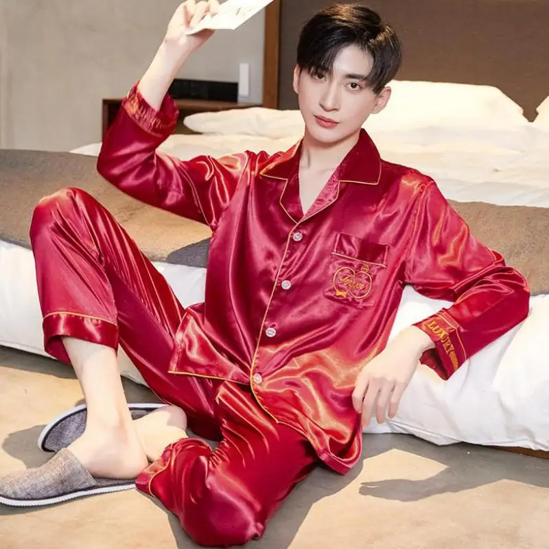 Casual Sleep Set Embroidery Men Pajamas Set Satin Lapel Sleepwear Loose Big Size 2PCS Shirt&Pant Long Sleeve Collar Home Clothes