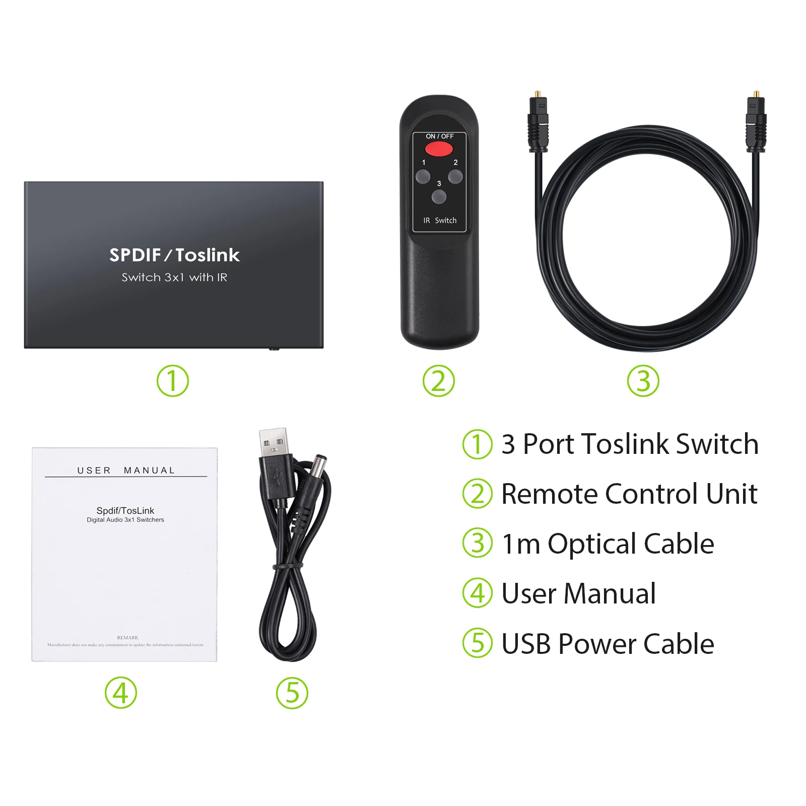 Neoteck-conmutador de Audio óptico Digital 3x1, caja de interruptor SPDIF Toslink con Control remoto IR, interruptor de Audio SPDIF/Toslink para DVD
