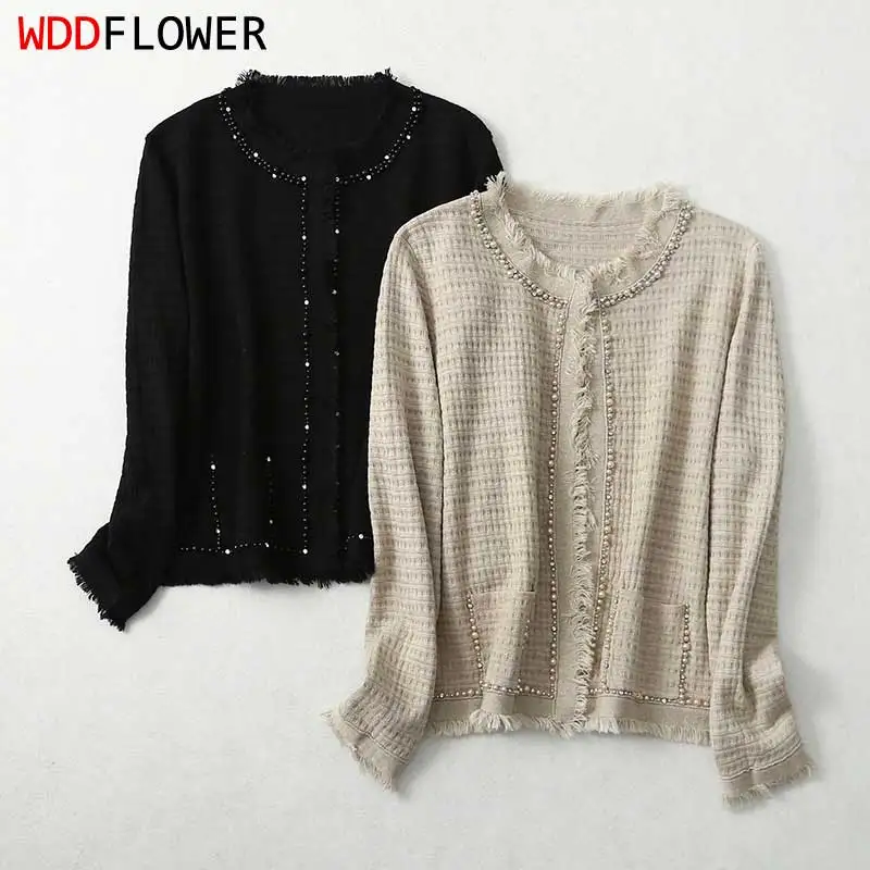 

Women 69.6% Silk 10.2% Cashmere Round Neck Beads Long Sleeve Pockets Cardigan Sweater Top Shirt LY027