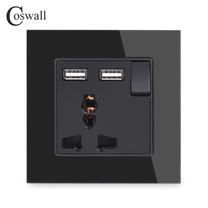 Coswall Crystal Glass Panel 13A Universal Socket Switched With 2 USB Charge Port  DC 5V 2.1A C1 Series Black White Gold Grey