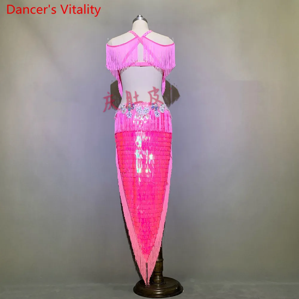 Costume de spectacle de danse du ventre personnalisé, soutien-gorge à franges, ensemble jupe Sexy à paillettes fendues, vêtements de scène de danse de tambour indien Oriental